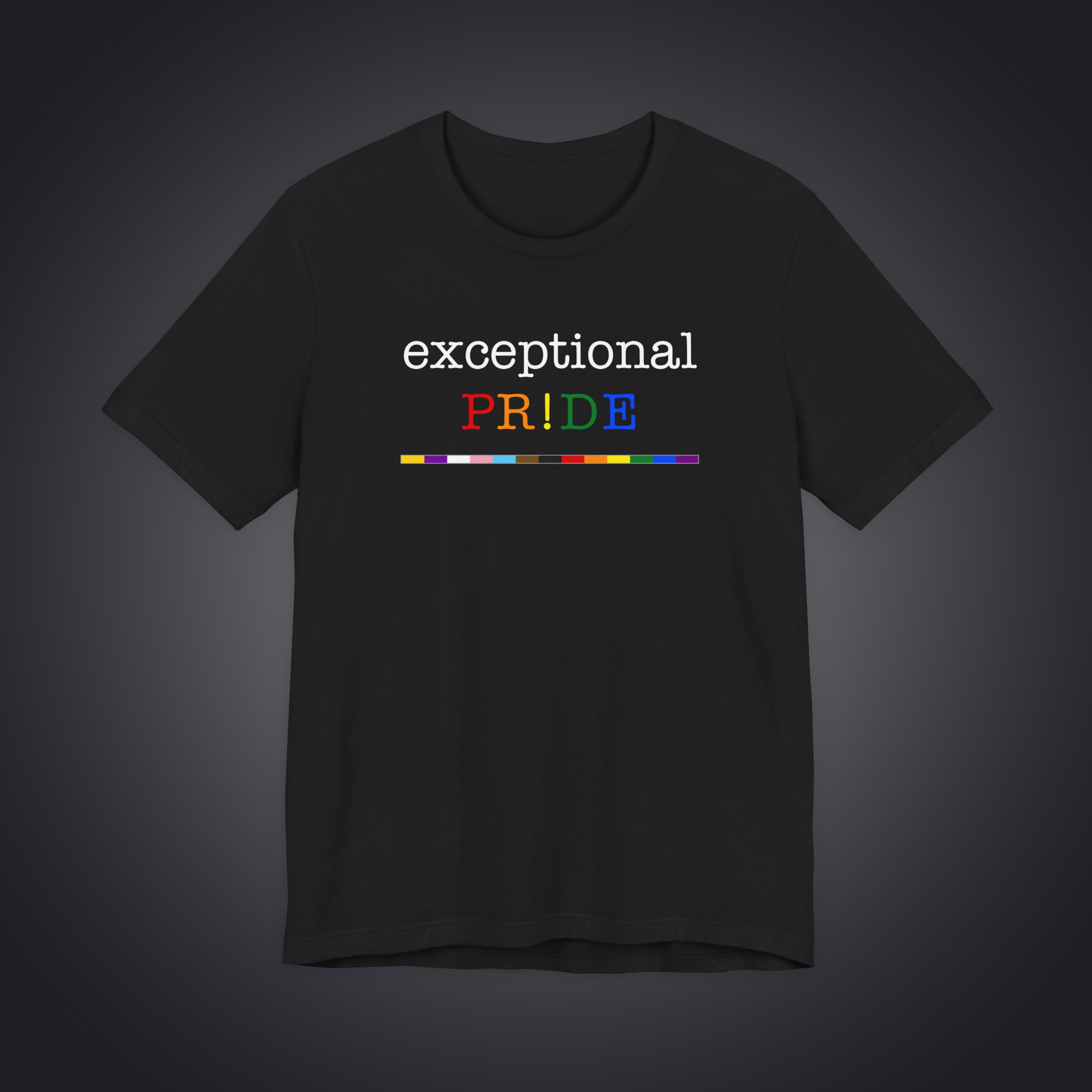 Black tee with exceptional PR!DE over a multicolor stripe